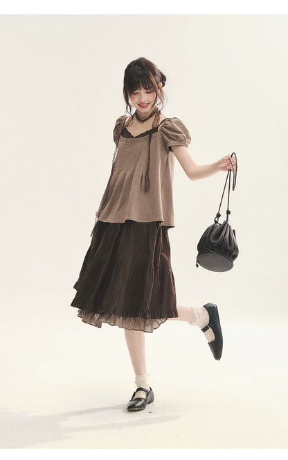 "Faded Bloom" Deep Brown Red Lace Trim Tiered A-Line Skirt