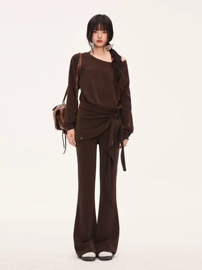"City Departure" Brown Layered Tie-Waist Flared Pants