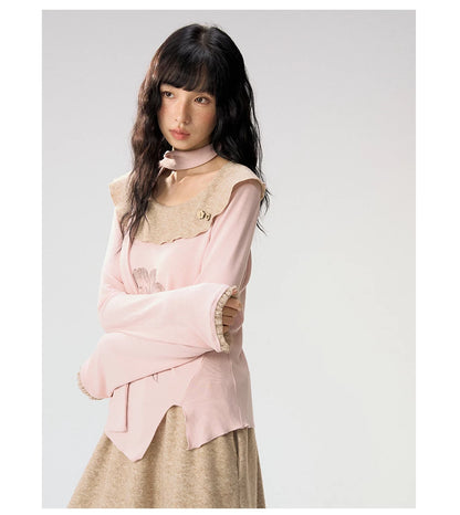 [CAN] "Dusky Floral Whispers" Blush & Chestnut Brown Set (Long Sleeve Top / Tassel Mini Skirt)
