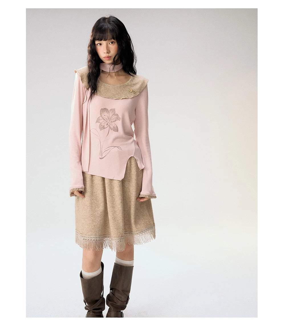 [CAN] "Dusky Floral Whispers" Blush & Chestnut Brown Set (Long Sleeve Top / Tassel Mini Skirt)