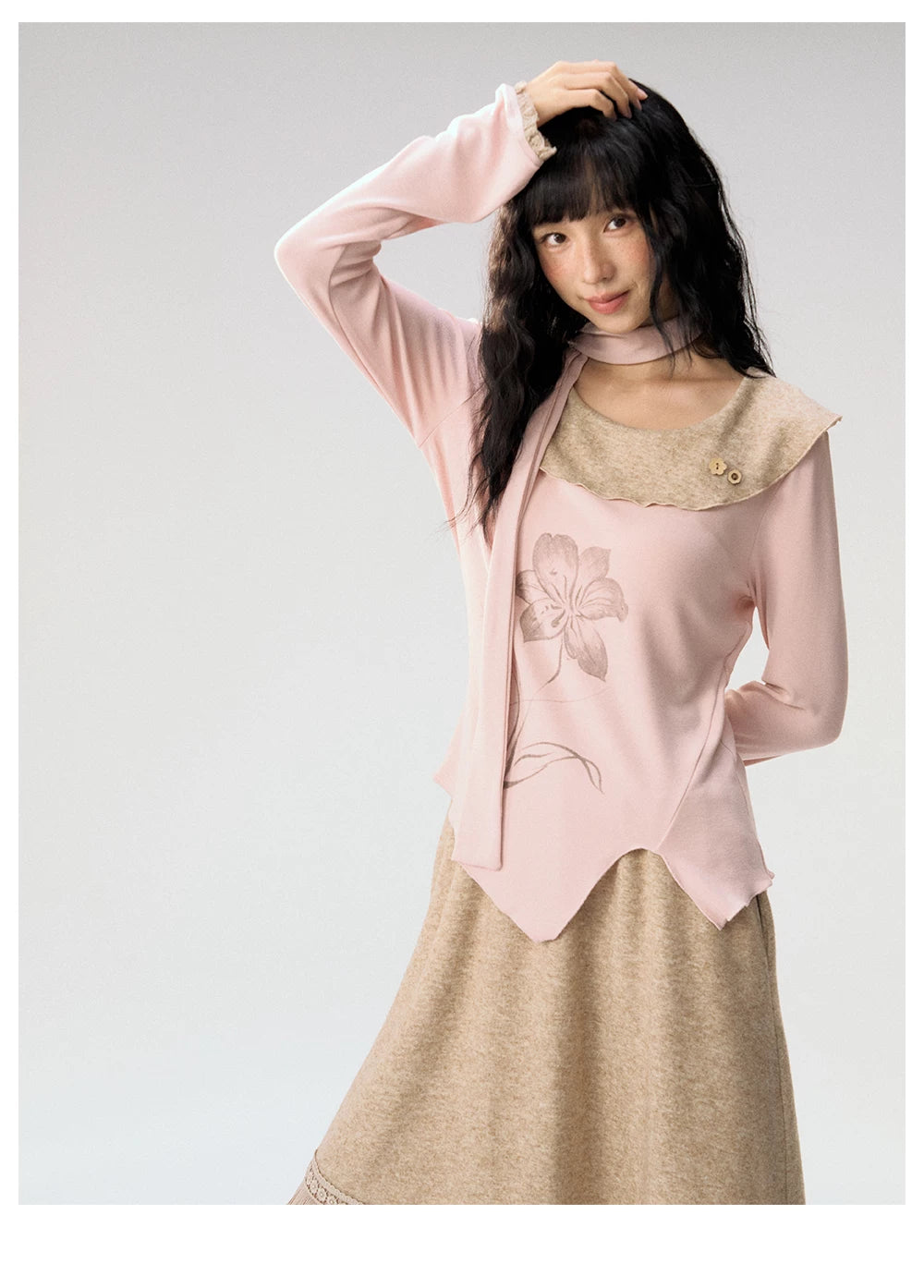 [CAN] "Dusky Floral Whispers" Blush & Chestnut Brown Set (Long Sleeve Top / Tassel Mini Skirt)