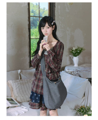 "Sage Whisper" Layered Vintage Collection (Plaid Shirt / Lace Cami / High-Waist Skirt)