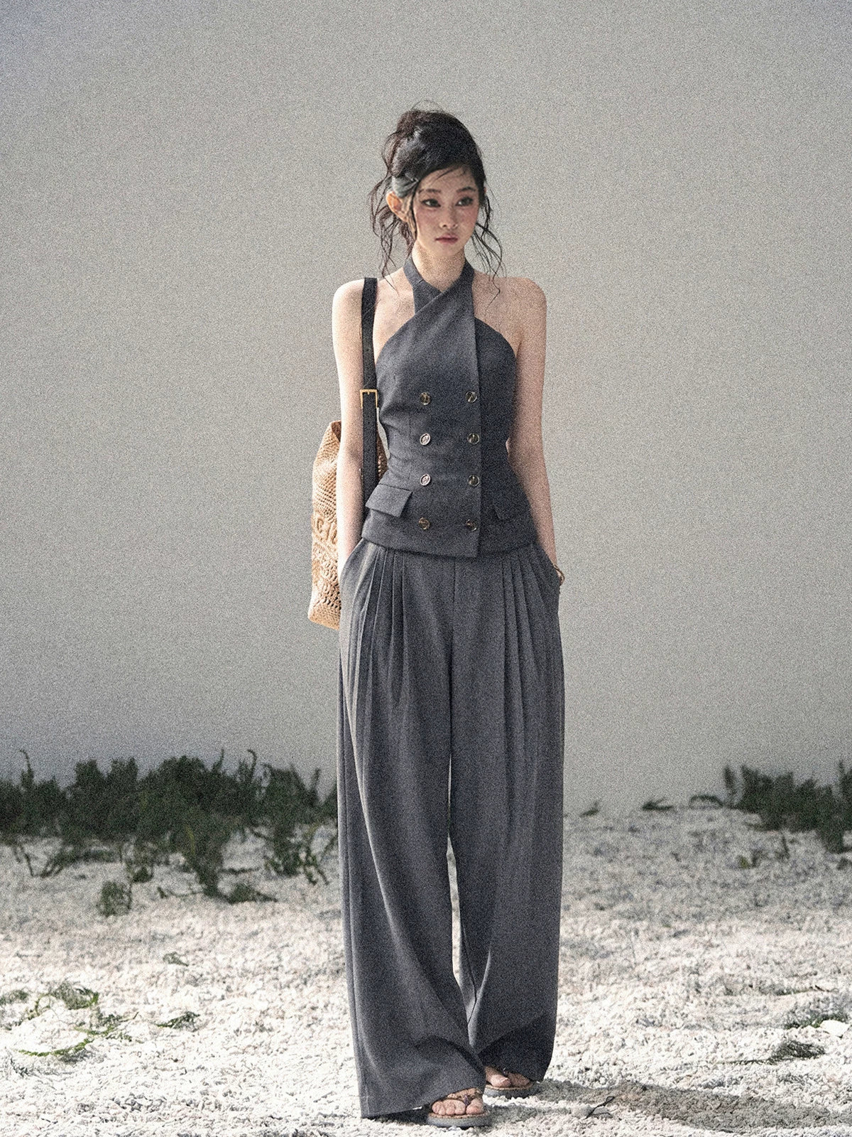 "The Unsent Letter" Deep Slate Gray Halter Tailored Top