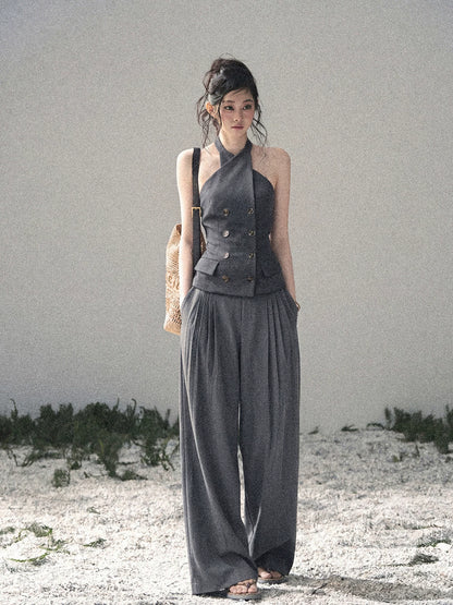 "The Unsent Letter" Deep Slate Gray Halter Tailored Top