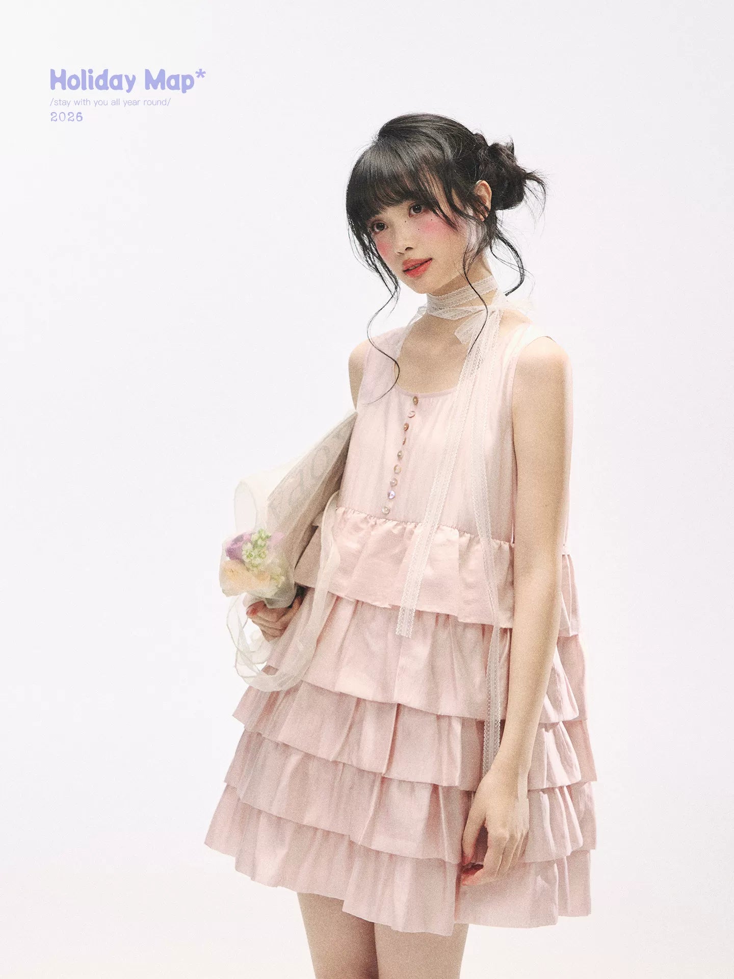 "Misty Pink Reverie" Petal Pink Lace Tie Tiered Sleeveless Dress