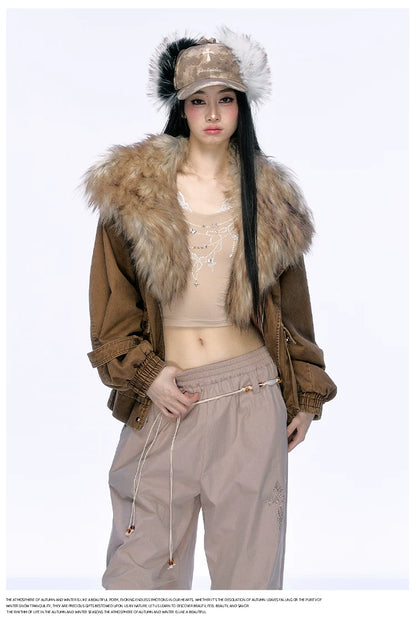 JN's DESIGN - Washed Chestnut Brown Faux Fur Collar Utility Jacket