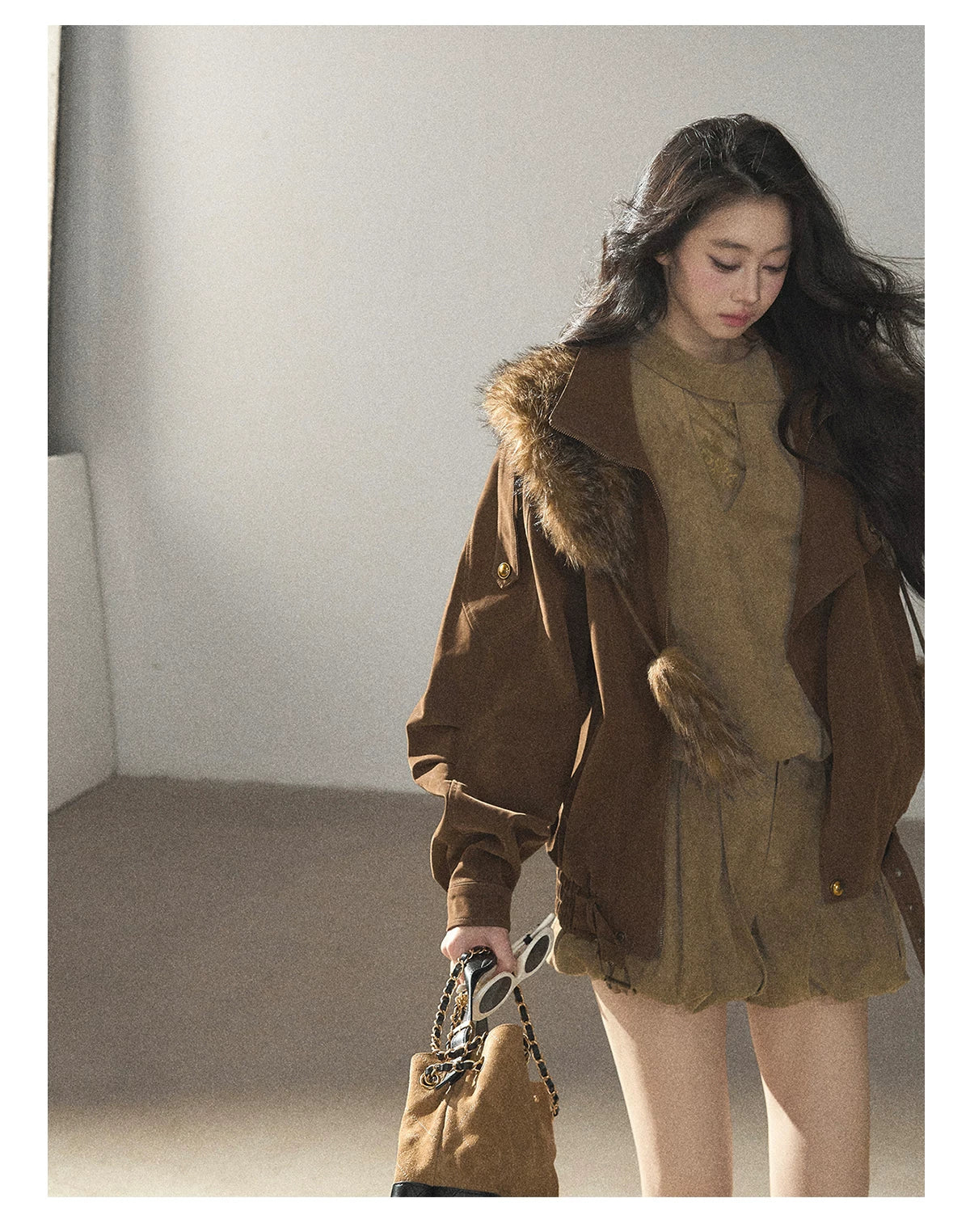 AOMALM - "The Veins of Leaves" Oatmeal French Faux Suede Top & Shorts Set