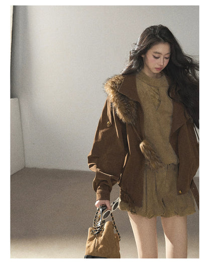 AOMALM - "The Veins of Leaves" Oatmeal French Faux Suede Top & Shorts Set