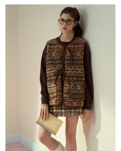 SunsetPark - "Mocha Fair Isle" Caramel Reversible Bow-Tie Faux Fur Vest Top