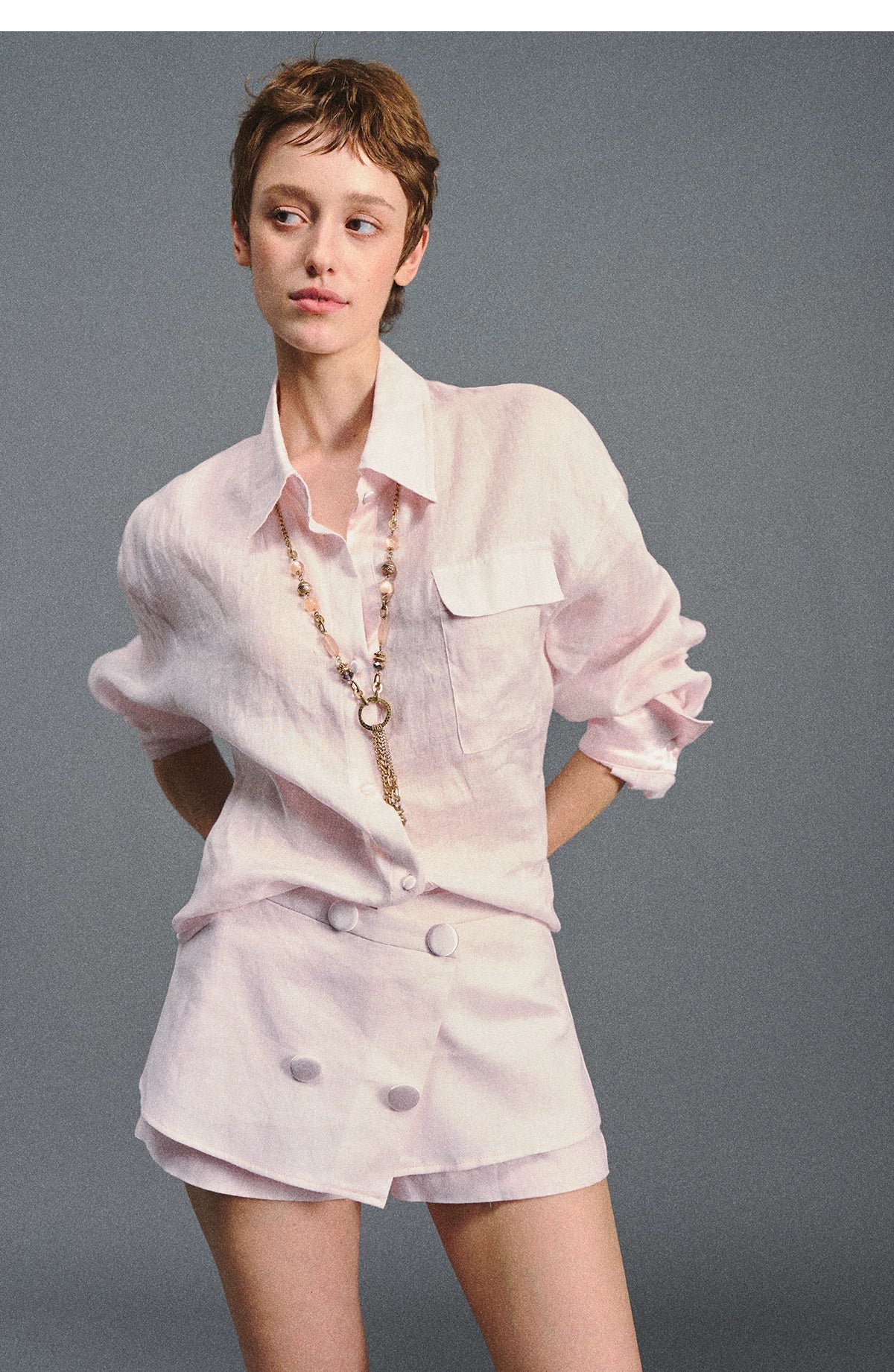 "Blush Breeze" Pink Linen Shirt & Layered A-Line Skort Set