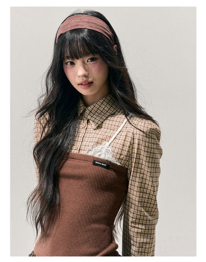 少也眼 "Falling Leaves Trace" Faux Layered Lace Plaid Knit Top