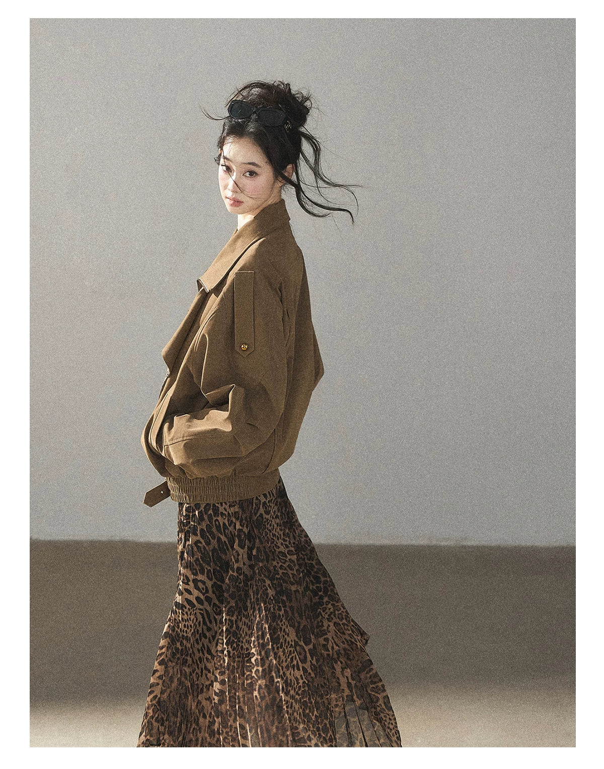 AOMALM - “Cocoa Leopard” Pleated Asymmetric Midi Skirt