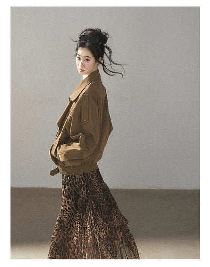 AOMALM - “Cocoa Leopard” Pleated Asymmetric Midi Skirt