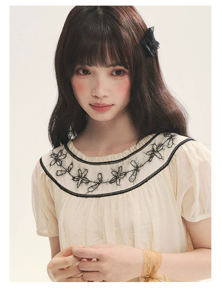 "Midnight Princess" Yellow Flower Rope Embroidered Babydoll Midi Dress