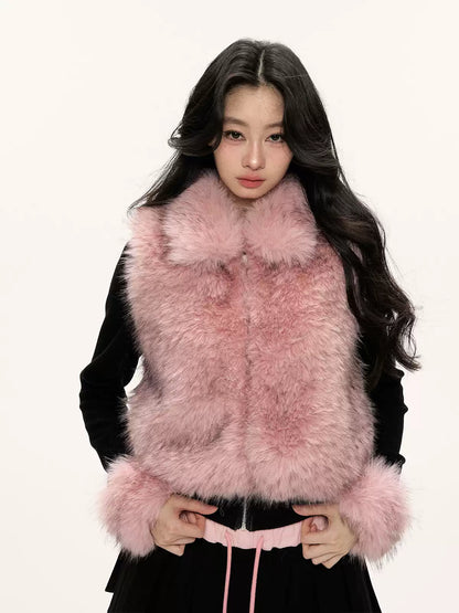 JN's DESIGN - Black & Pink Color-Block Faux Fur Jacket