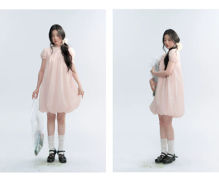 "Little Princess" Strawberry Pink Lace Bow Bubble Hem Midi Dress
