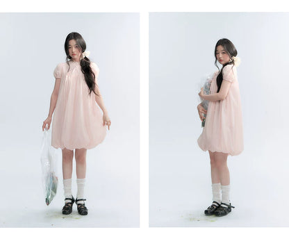 "Little Princess" Strawberry Pink Lace Bow Bubble Hem Midi Dress