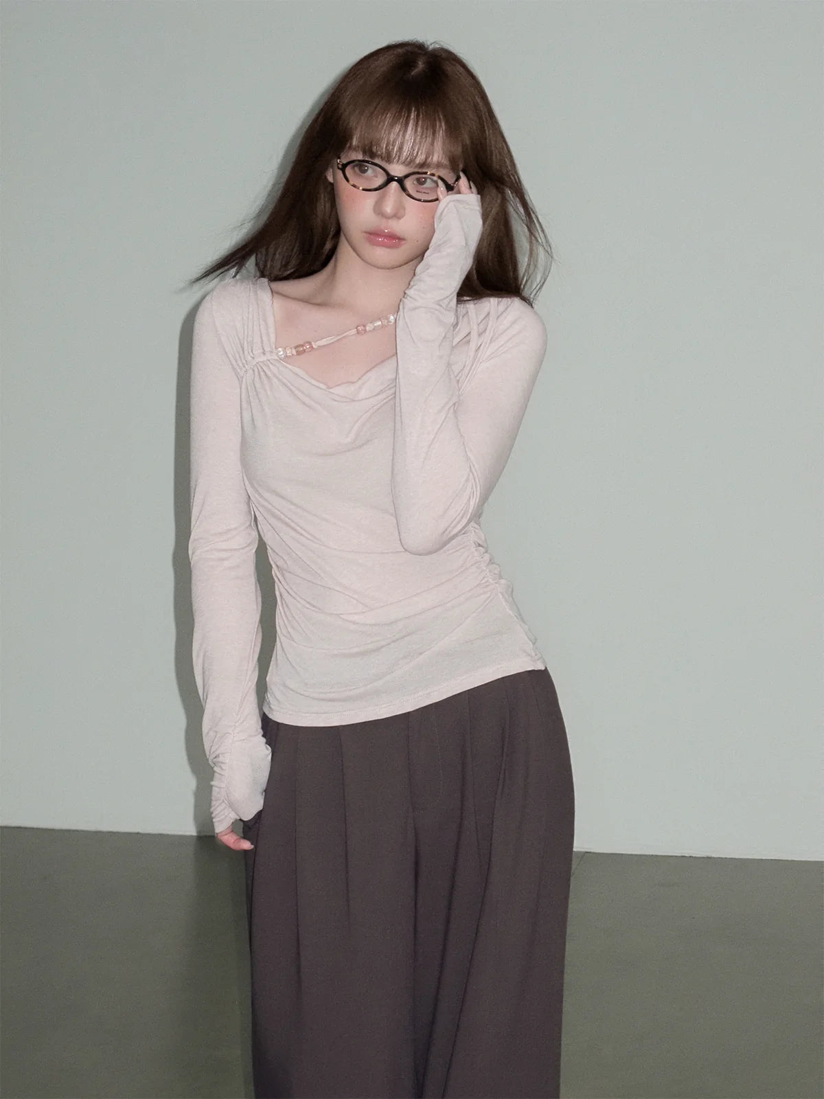 LOST FOREST - Dusty Rose Pink Ruched Wool Blend Top