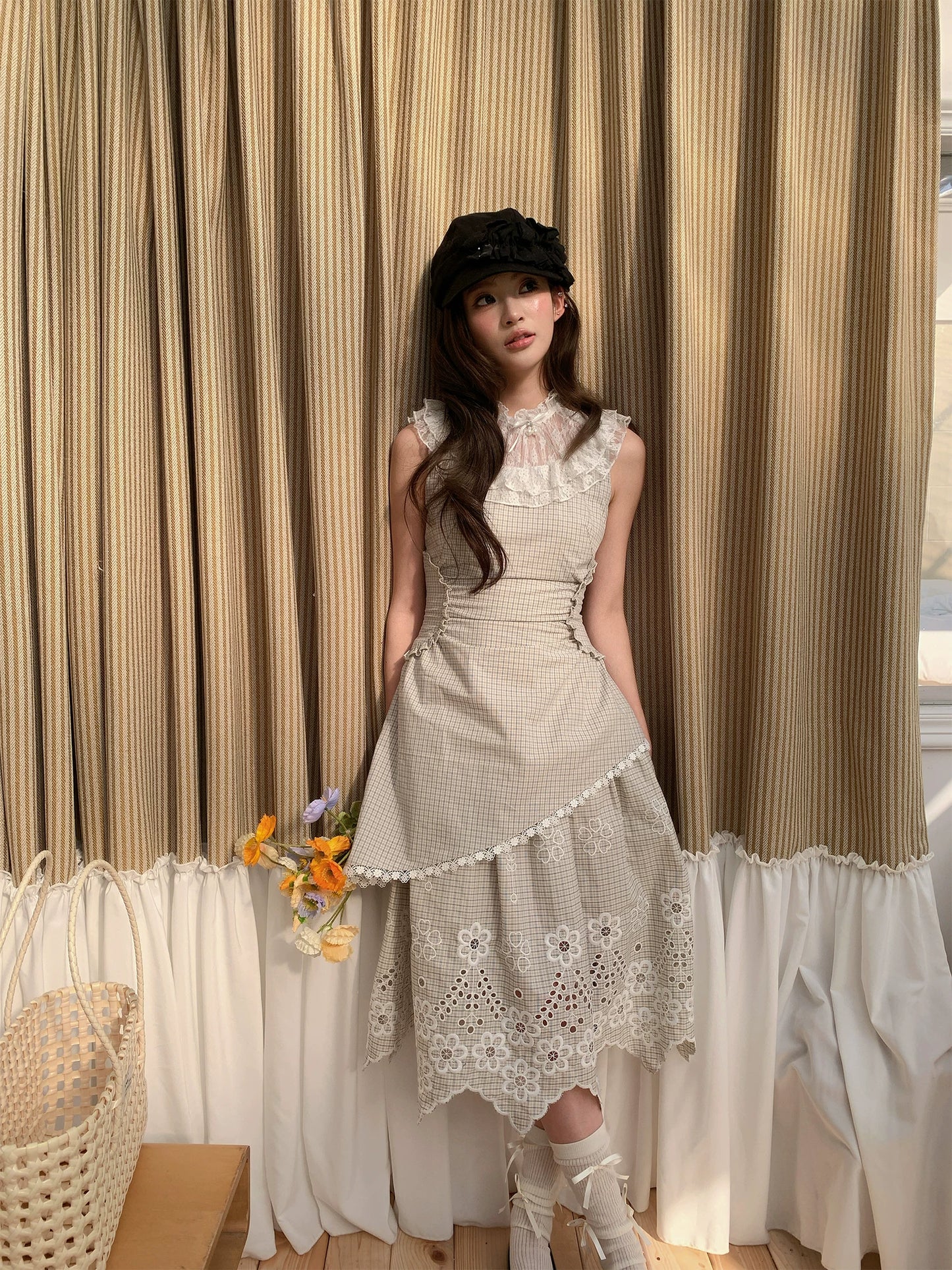 “Tea Garden Reverie” Light Apricot Plaid Embroidered Dress