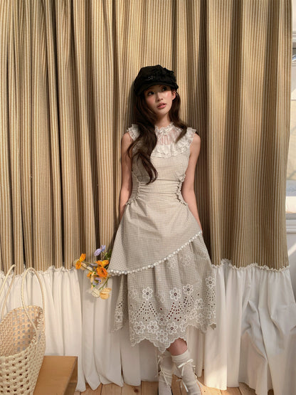“Tea Garden Reverie” Light Apricot Plaid Embroidered Dress