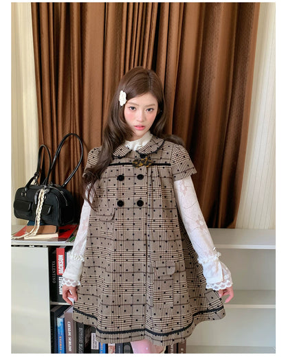 “Hazel Rococo Reverie” Khaki Plaid Polka Dot Dress