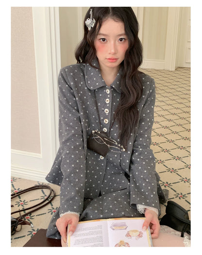 [RF] “Starlit Gray Tones” Gray Vintage Polka Dot Pleated Skirt Two-Piece Set
