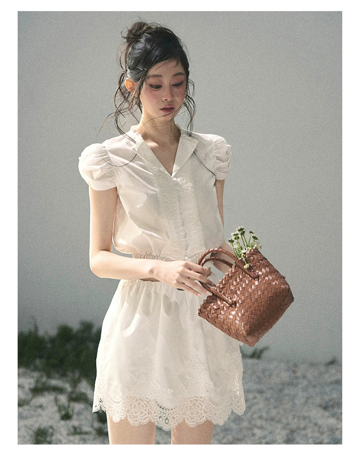 "Rose Petals in Secret" Cloud White Lace Two-Piece Skirt Set 142453