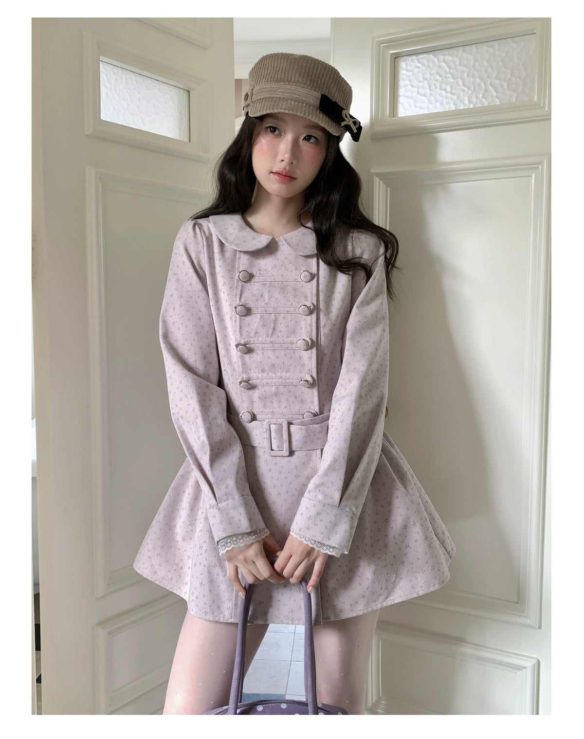 [RF] “Taro Cloud” Pink Double-Breasted Waist-Defined Cape Coat
