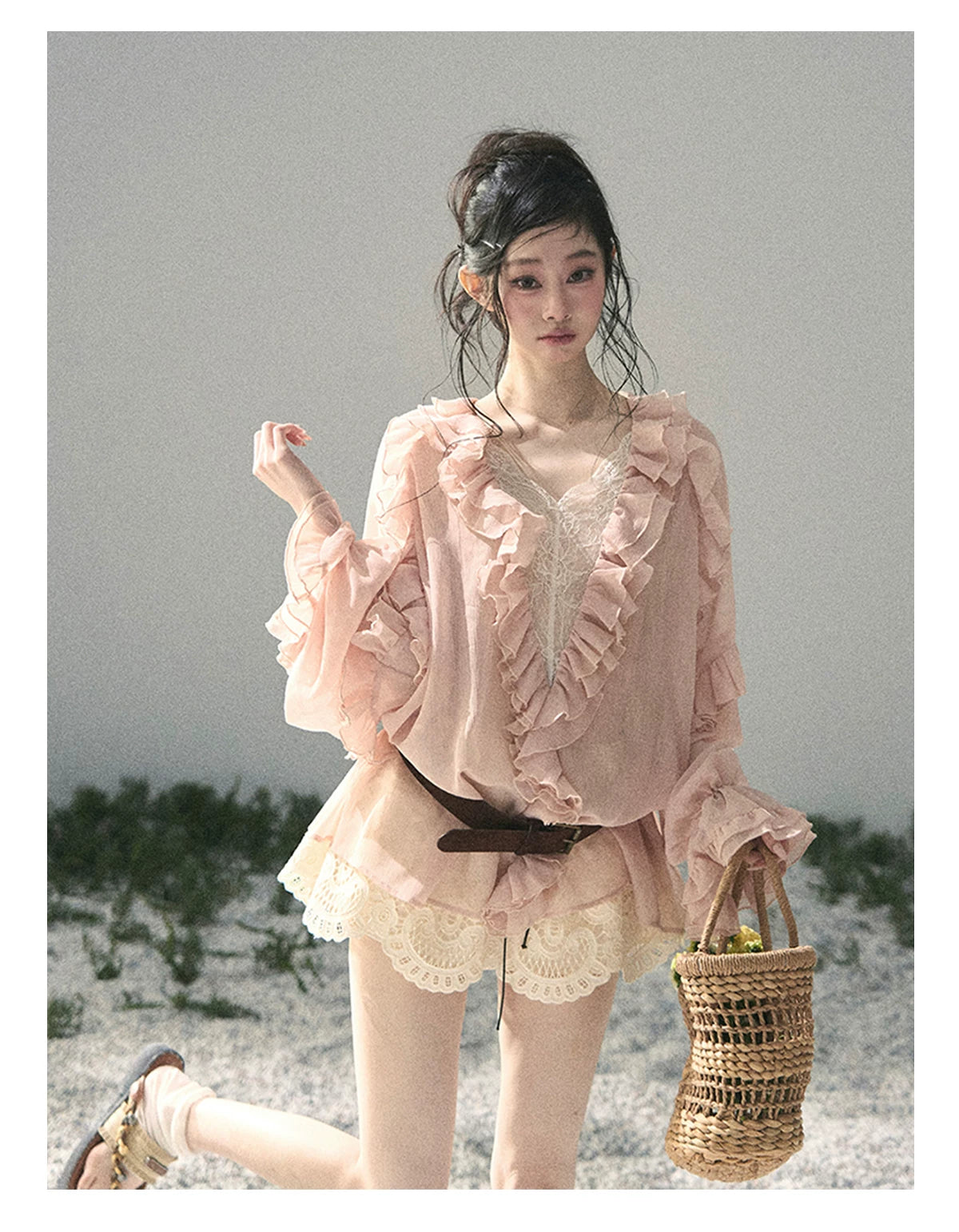 “Whispers of the Wind” Blush Pink Lace Chiffon Blouse (With Belt)