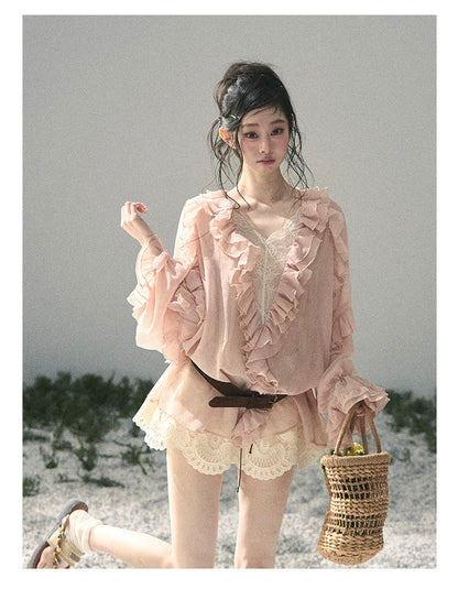 “Whispers of the Wind” Blush Pink Lace Chiffon Blouse (With Belt)