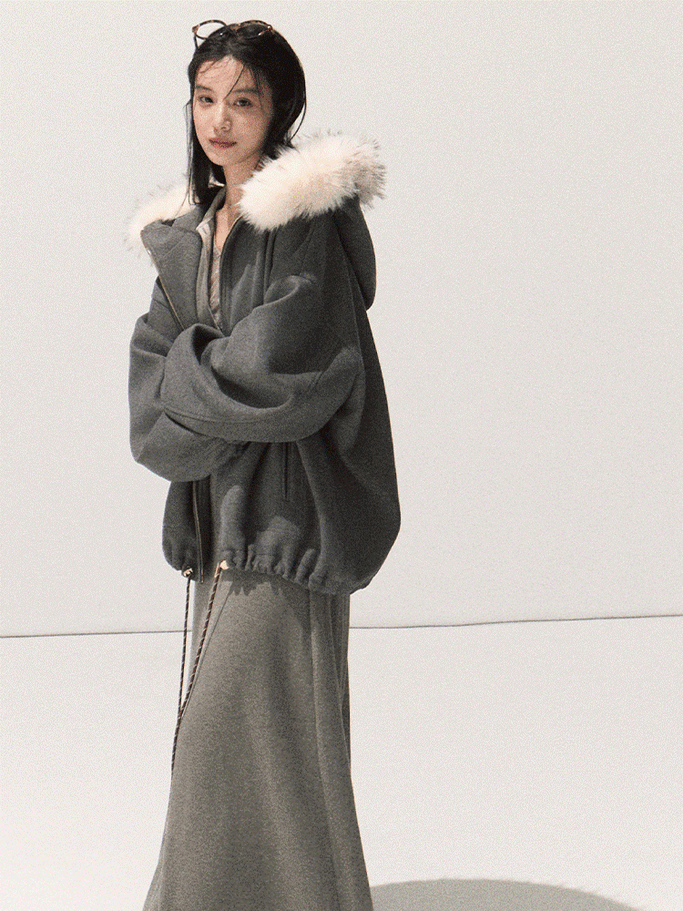 OAKMOO/ Swiss Gray Hooded Zip-Up Jacket with Detachable Faux Fur Collar
