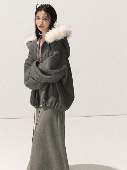 OAKMOO/ Swiss Gray Hooded Zip-Up Jacket with Detachable Faux Fur Collar