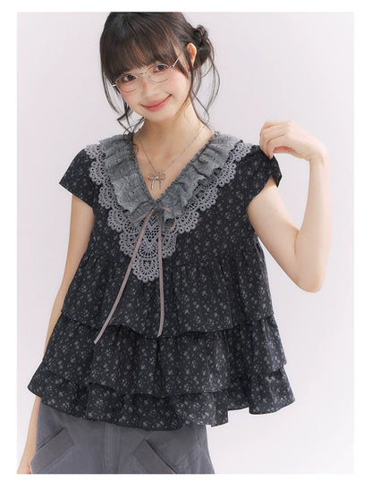 “Midnight Petal” Gray-Black Floral Top & Tiered Dress