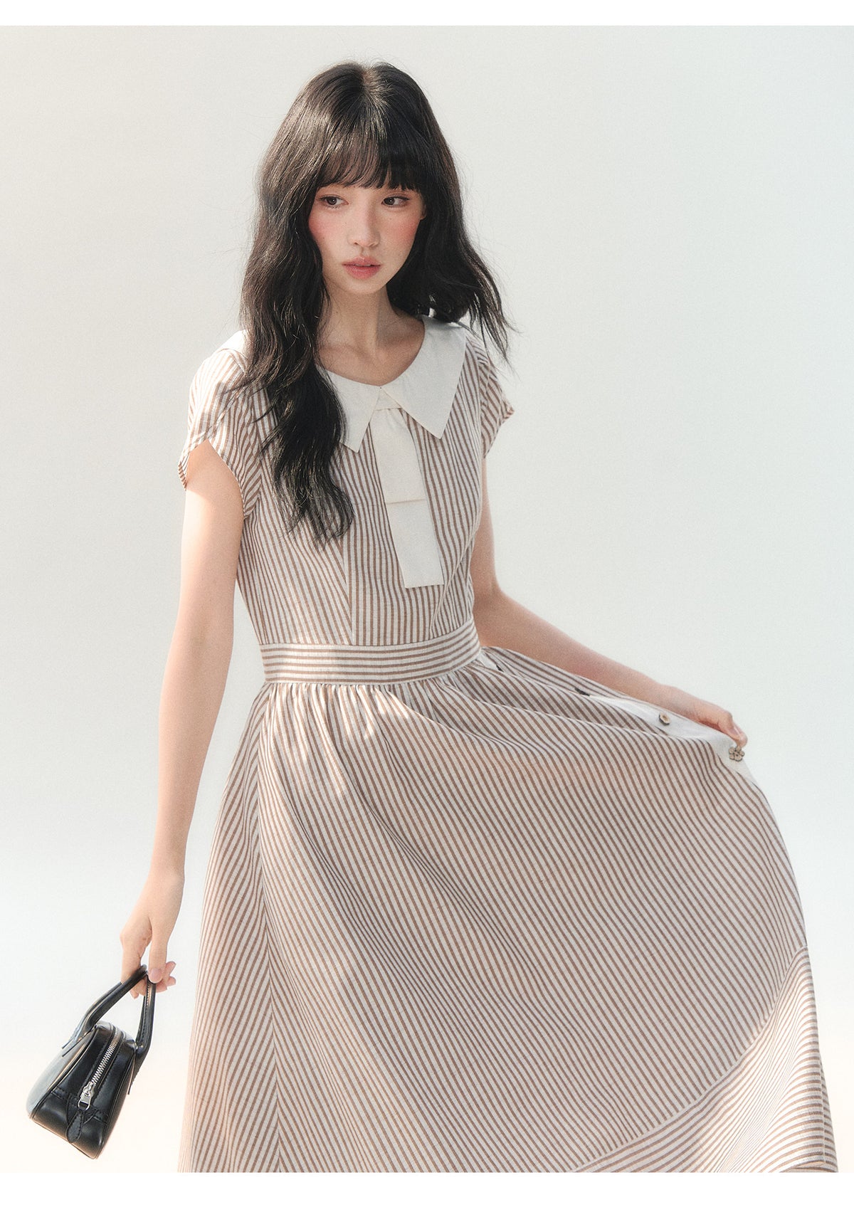 [CAN] "Coffee Meets Cream" Mocha Stripe Bow Collar Dress