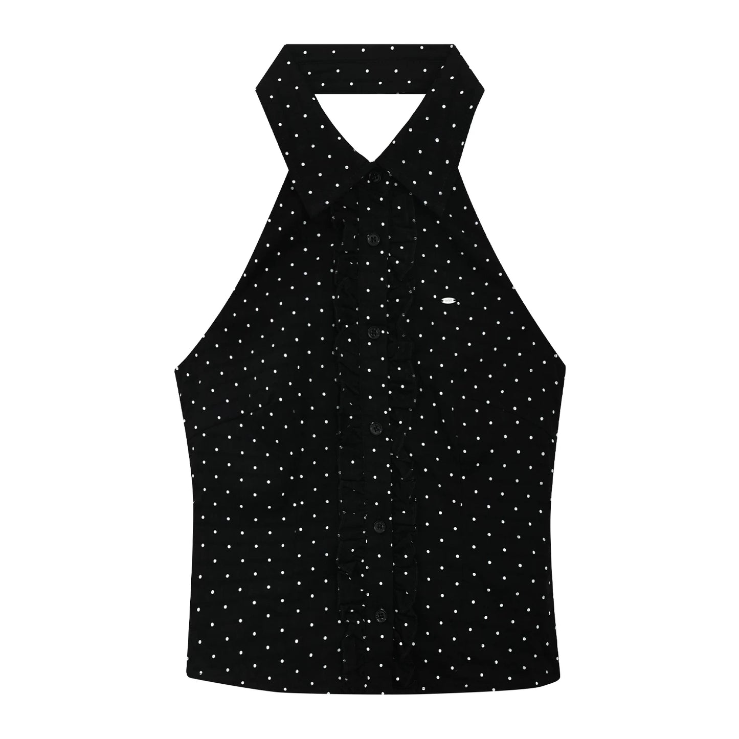 "Midnight Rendezvous" Black Polka Dot Halter Sleeveless Blouse