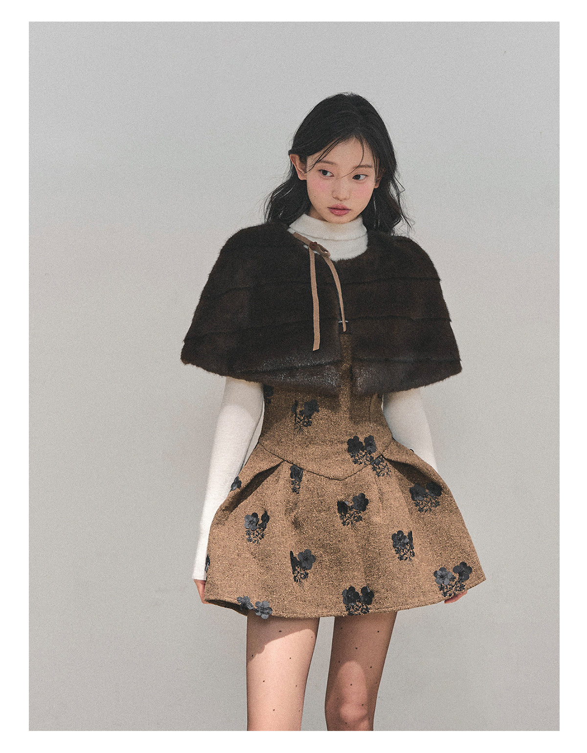 少也眼 “Whispers of Moss” Sparkle-Lined Gown with Faux-Fur Cape - Coffee/Deep Cocoa 6412124145