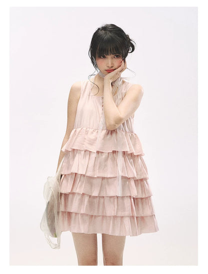 "Misty Pink Reverie" Petal Pink Lace Tie Tiered Sleeveless Dress