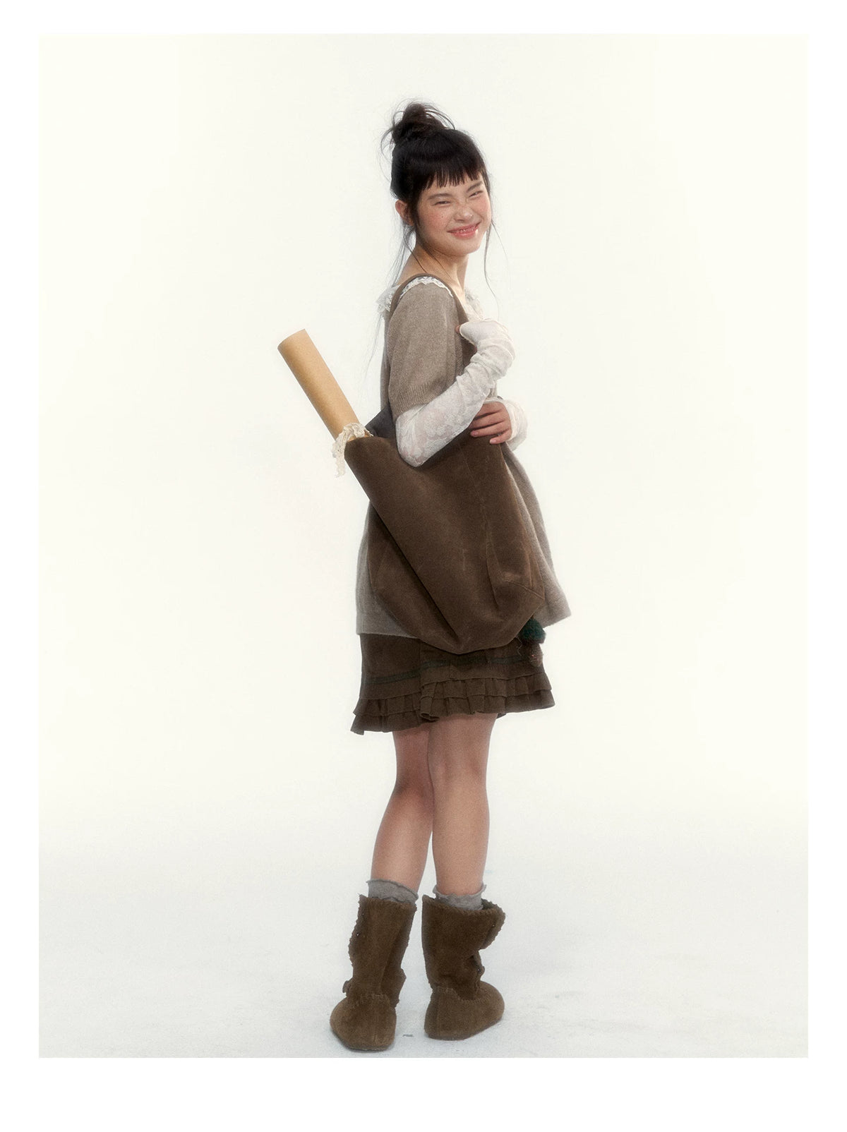 “Wild Caramel” Brown Washed Layered Ruffle Bow Pocket A-Line Skirt