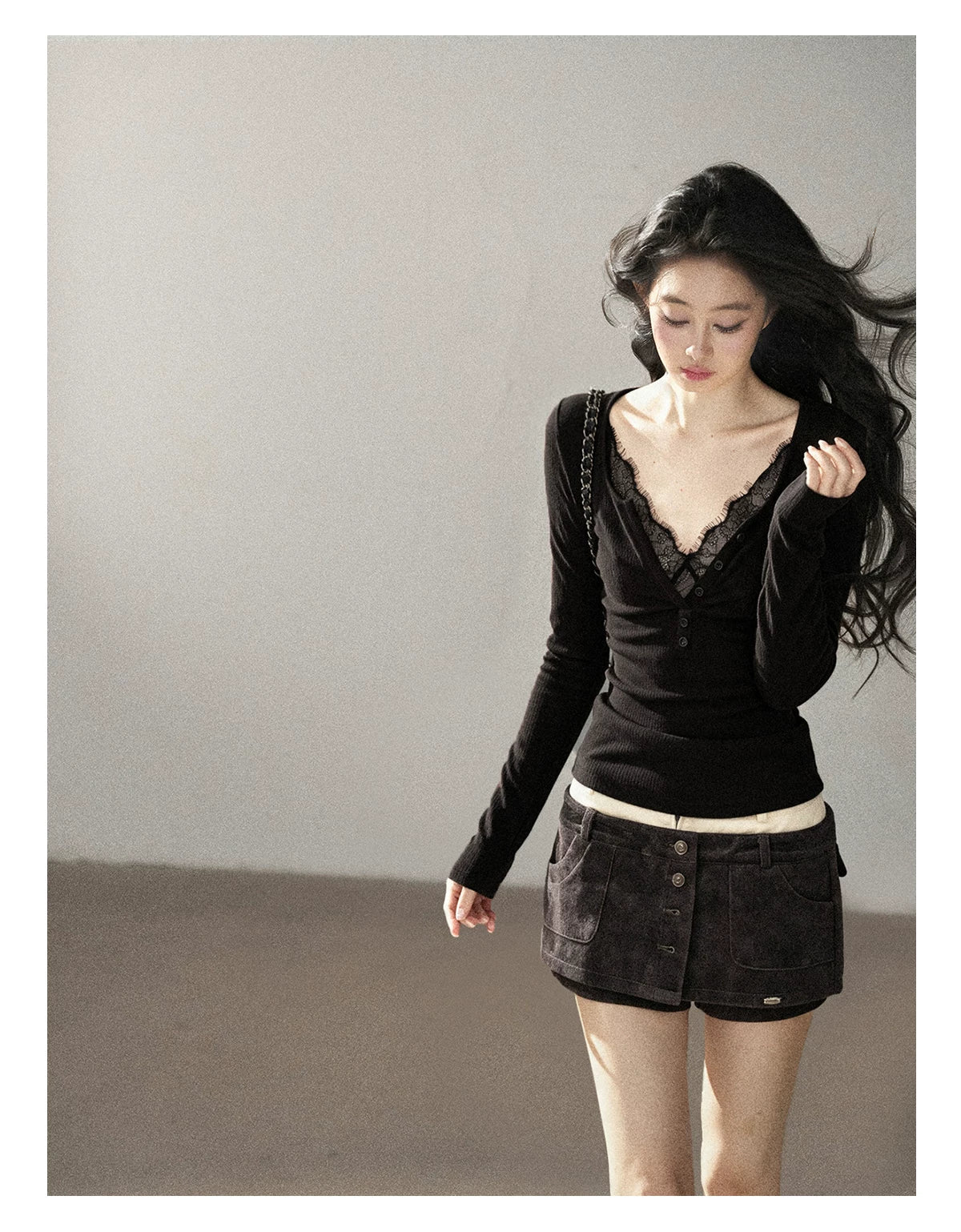 AOMALM - Black Faux Two-Piece V-Neck Lace Long-Sleeve Top