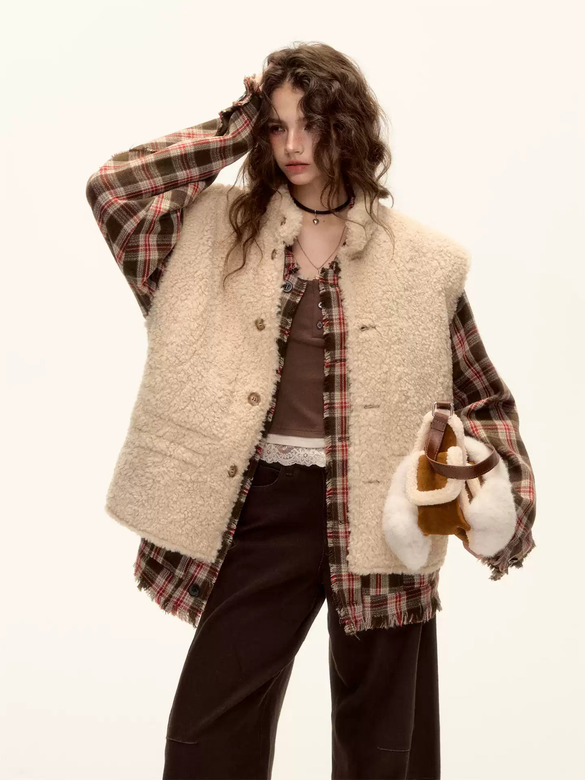 ASGONY - Brown Reversible Suede Faux Shearling Drawstring Vest