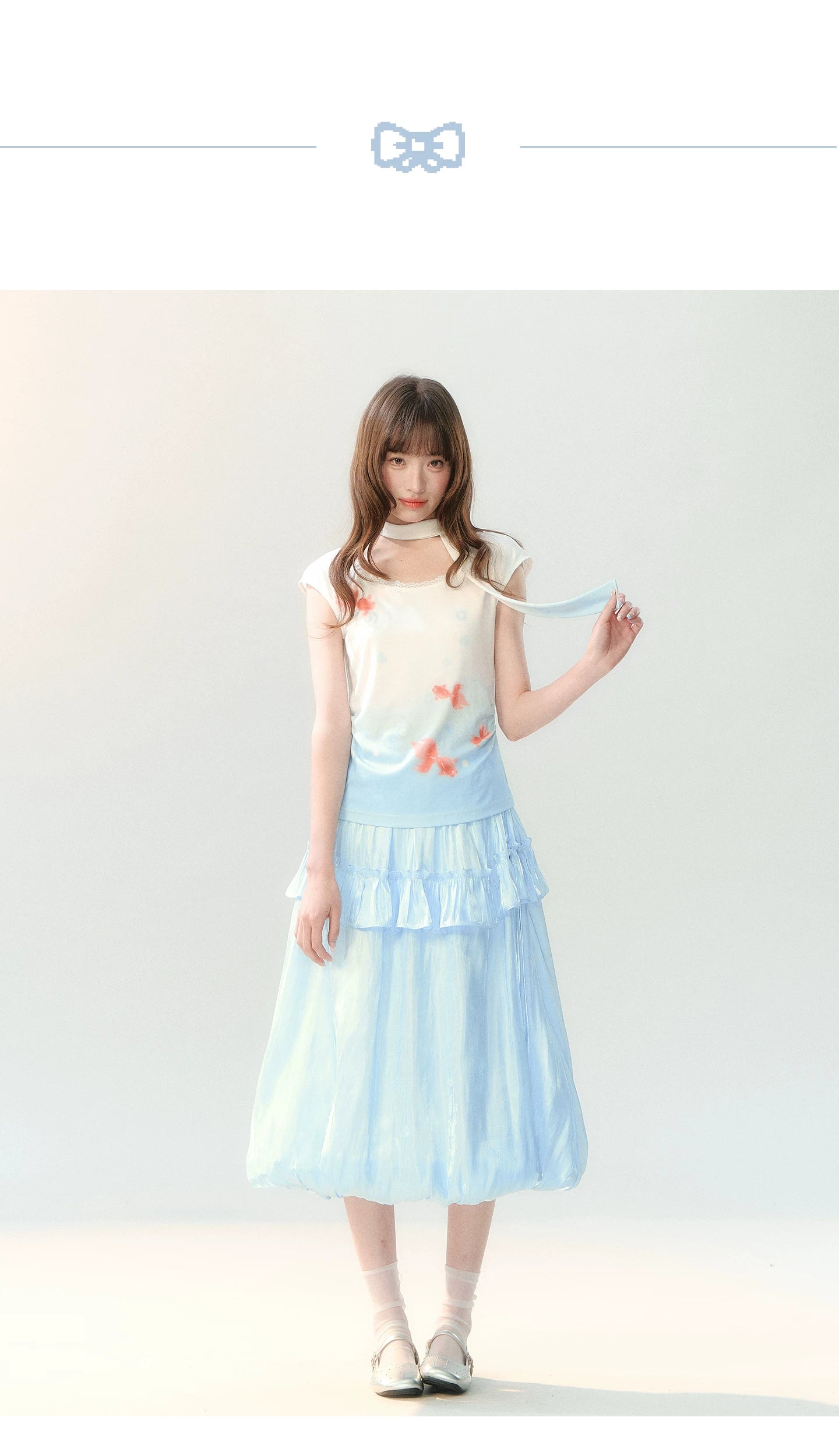 "Koi Garden Letter" White & Blue Goldfish Print Two-Piece Skirt Set LL2026220
