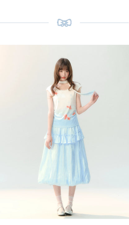 "Koi Garden Letter" White & Blue Goldfish Print Two-Piece Skirt Set LL2026220