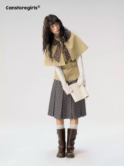[CAN] "Afternoon Tea Break" Khaki Bow Cape Trench Coat Set