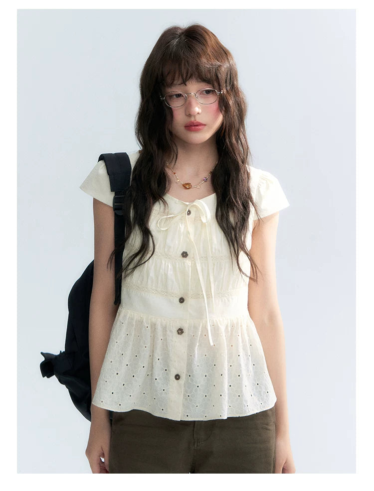 "Vintage Ribbon" Beige Bow Tie Lace Trim Blouse