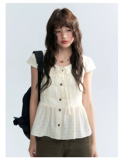 "Vintage Ribbon" Beige Bow Tie Lace Trim Blouse