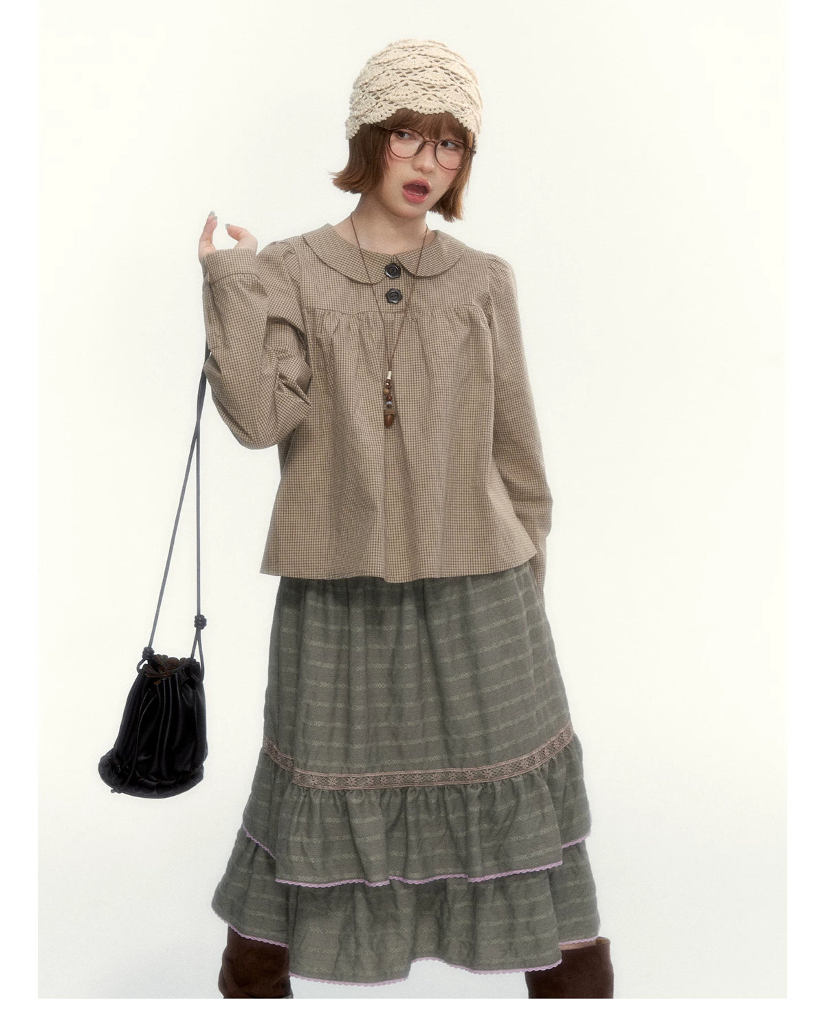 Dried Grass Green Vintage Lace Tiered A-Line Skirt