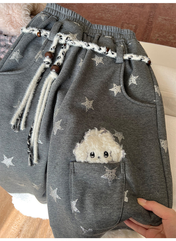 阮阮自制 - "Cold Star Snow" Faux Fur Star Print Fleece Jogger Pants