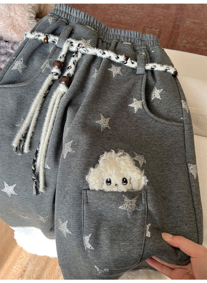 阮阮自制 - "Cold Star Snow" Faux Fur Star Print Fleece Jogger Pants