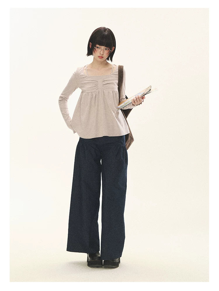 "Lazy Weekend" Deep Blue Ruched Wide Leg Jeans