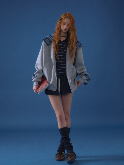 ASGONY - Plaid-Lined Oversized Hoodie Jacket (Gray)